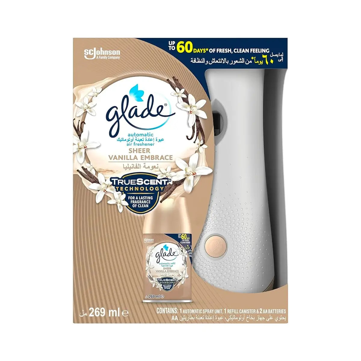 Glade Sheer Vanilla Embrace Automatic Spray Air Freshener 269 ml - جليد شير معطر جو بخاخ اوتوماتيك برائحة الفانيليا 269 مل