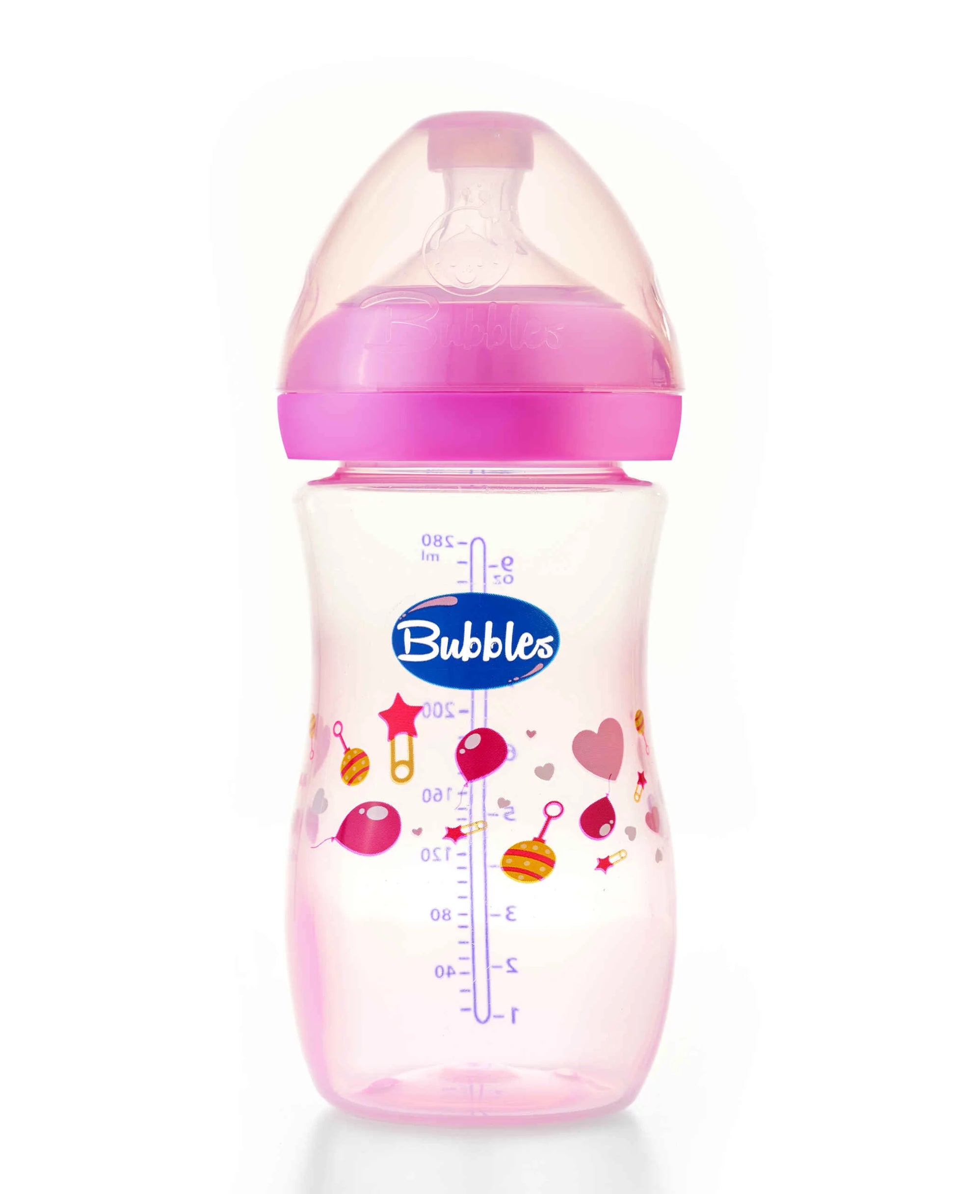 Bubbles natural feeding bottle without hand 280 ml (Pink) - (زجاجة رضاعة طبيعية بدون يد 280 مل (وردي