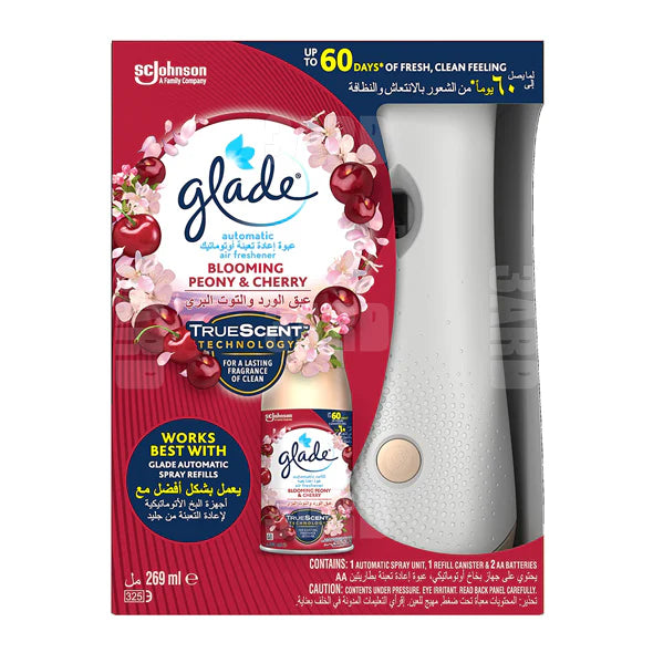 Glade Sheer BLOOMIG PEONY & CHERRY Automatic Spray Air Freshener 269 ml - جليد شير معطر جو بخاخ اوتوماتيك برائحة عبق الورد والتوت البري 269 مل