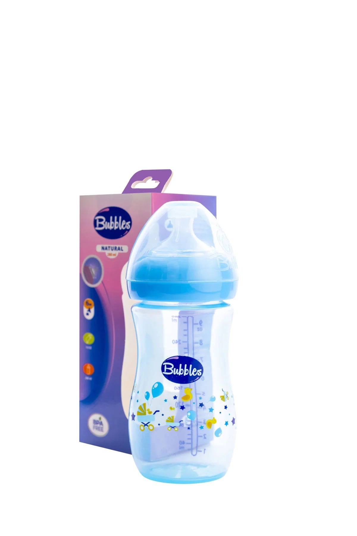 Bubbles natural feeding bottle without hand 280 ml (Blue) - (زجاجة رضاعة طبيعية بدون يد 280 مل (أزرق